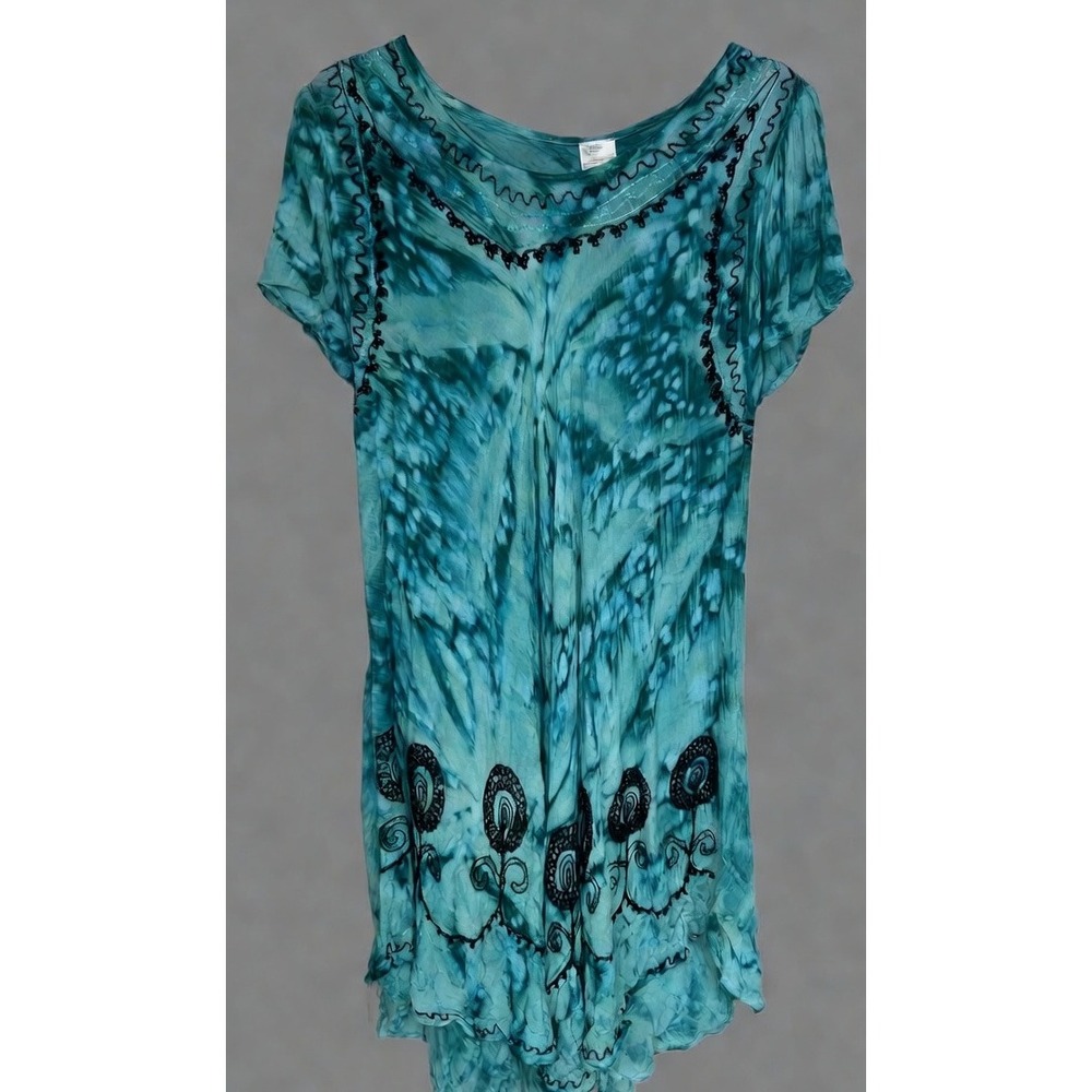 Asha Tunic Dress Women Tie Dye OS Teal  Embroidered Sequin Boho Hippie Summer